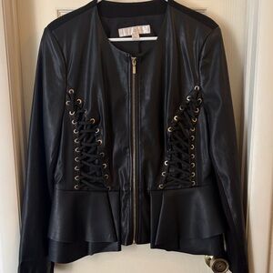 Boston Proper Black Faux Leather Lace-Up Peplum Jacket